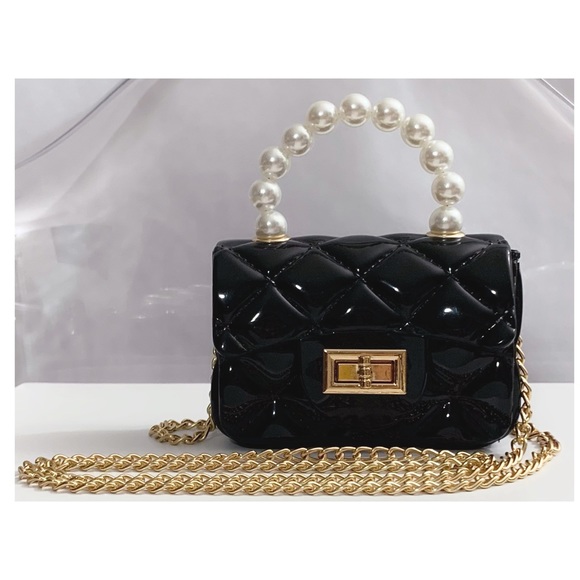 NWOT NORDSTROM RACK Faux Pearl Handle Quilted Black Jelly Mini Crossbody Bag - Picture 2 of 11